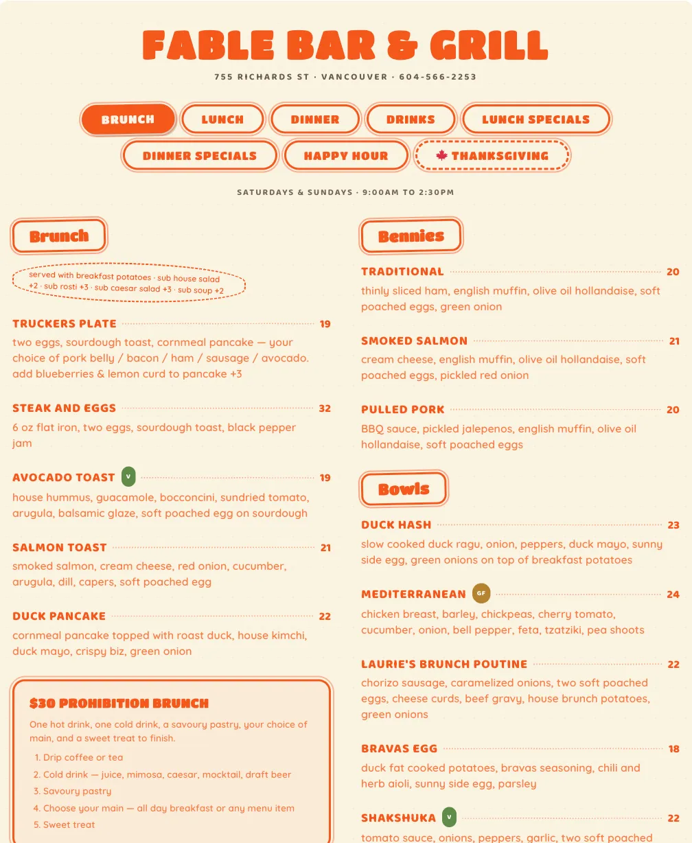 Fable Bar & Grill's website on tablet