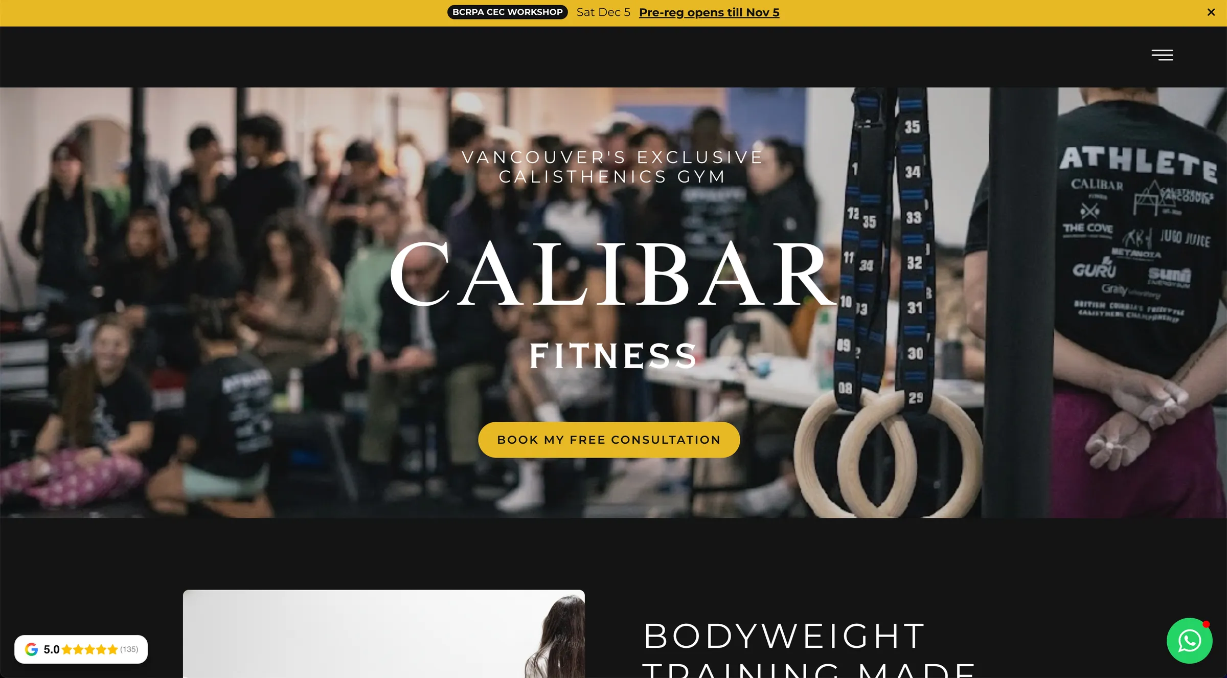 Calibar Fitness's website home page