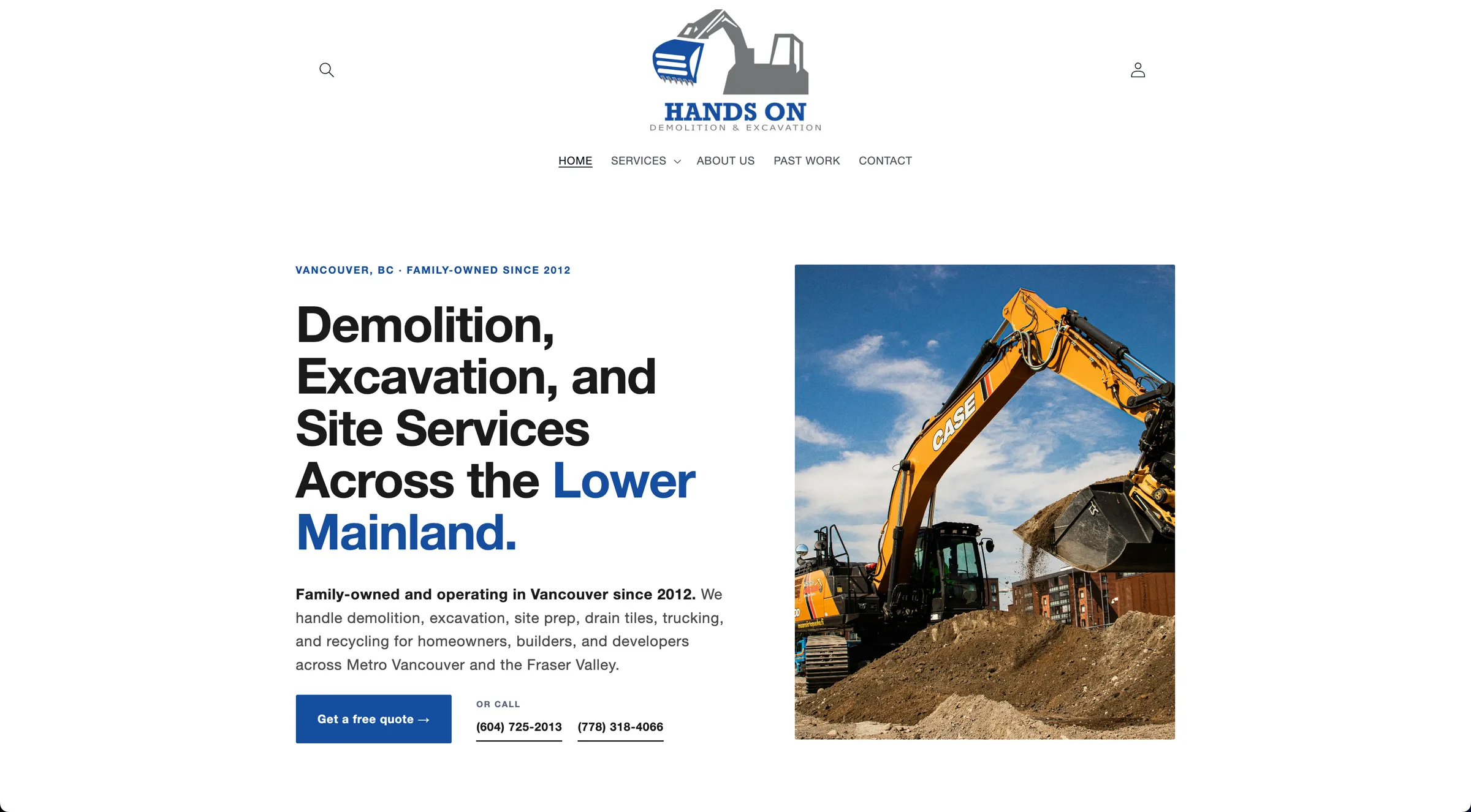 Hands On Demolition & Excavation's website home page
