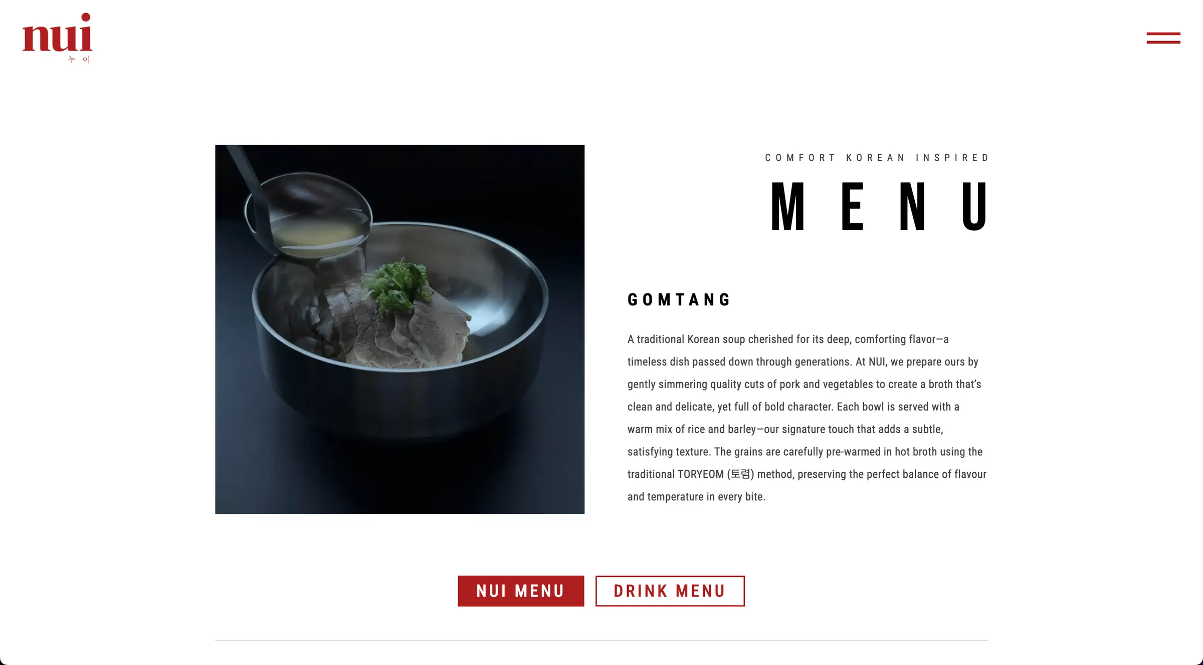 Nui's website menu page
