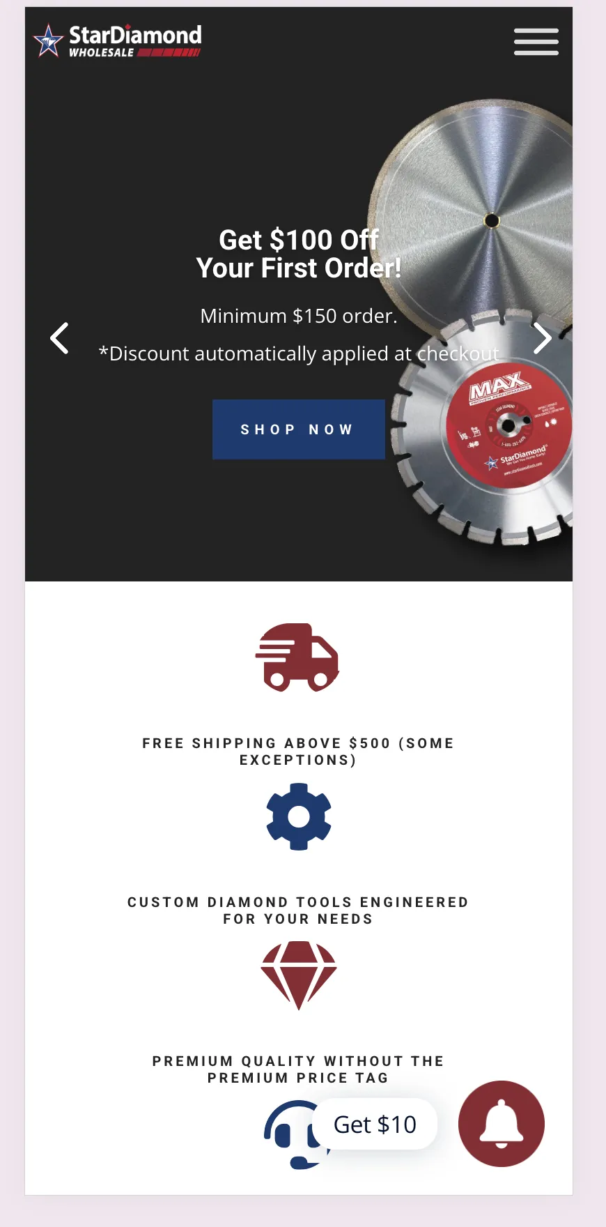 Star Diamond Tools's website on a phone