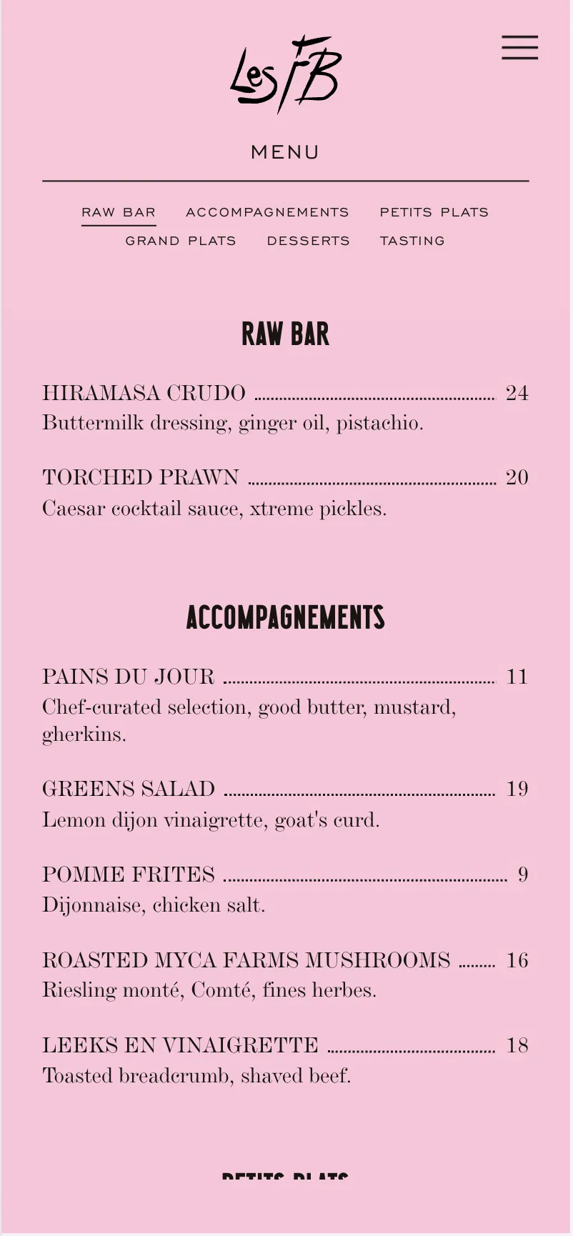 Les Faux Bourgeois's website on mobile