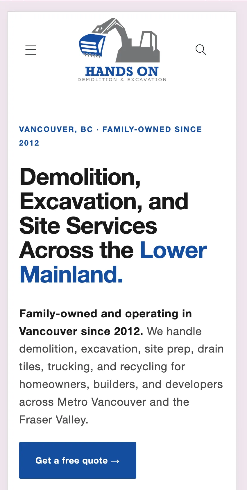 Hands On Demolition & Excavation's website on a phone