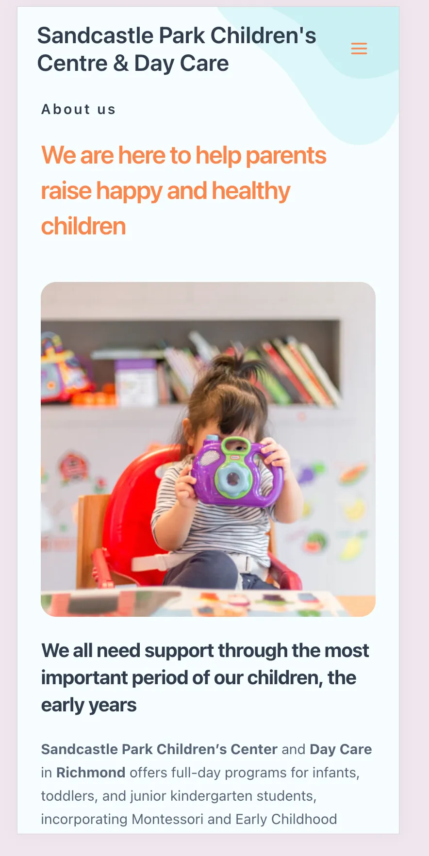 Sandcastle Park Children’s Centre's website on a phone