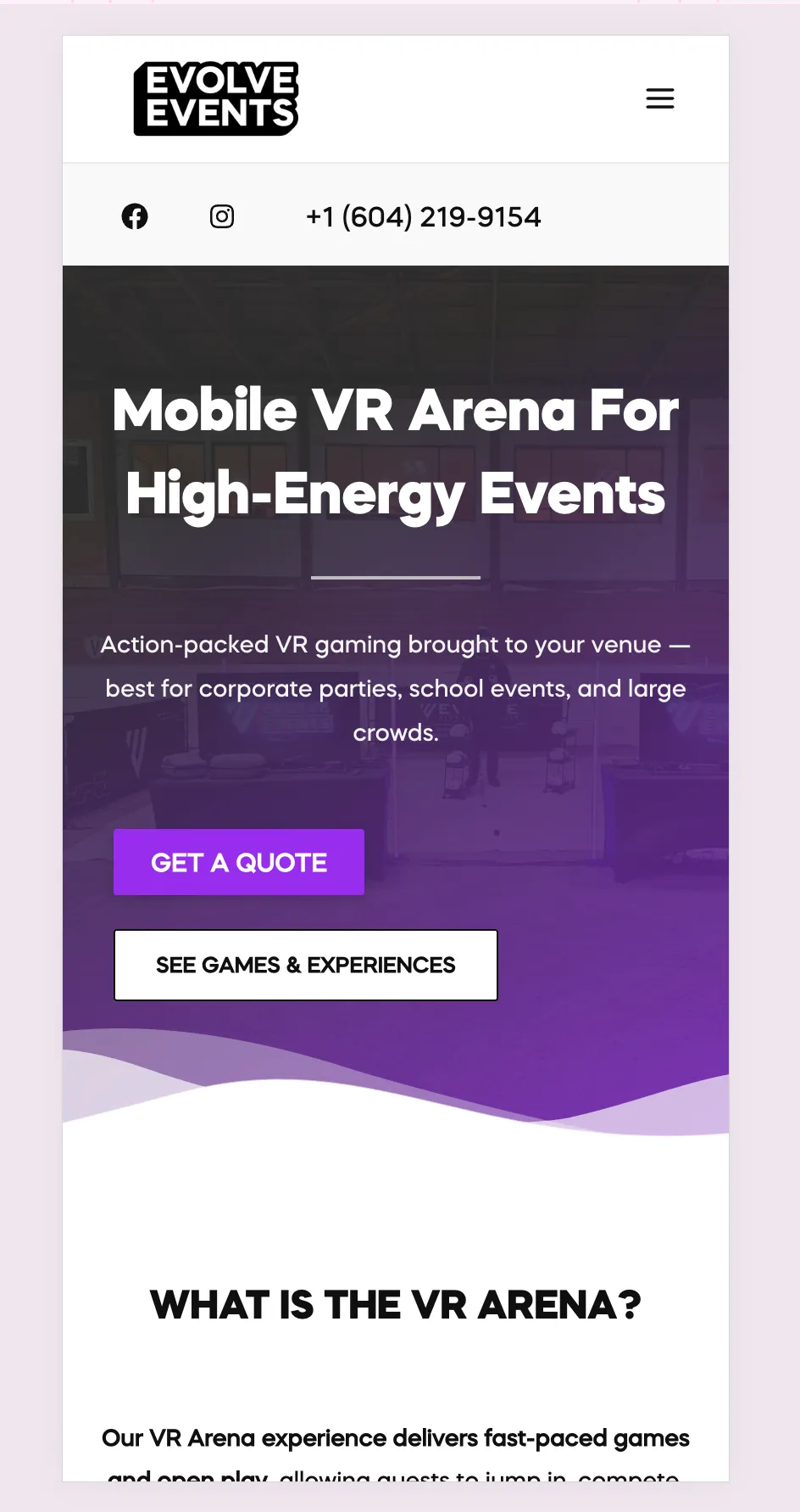 Evolve Events's website on a phone